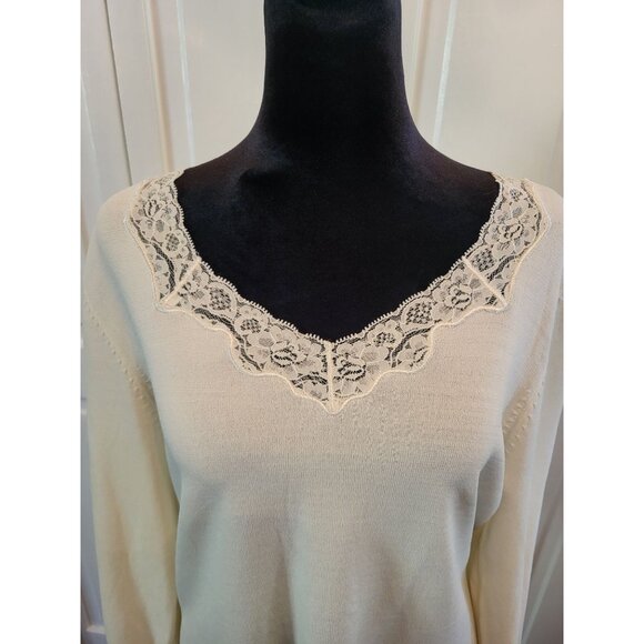 Vintage y2k Cream Fine Gauge Sweater Lace Trim Stretch L Fairy Coquette Cottage - Picture 3 of 7
